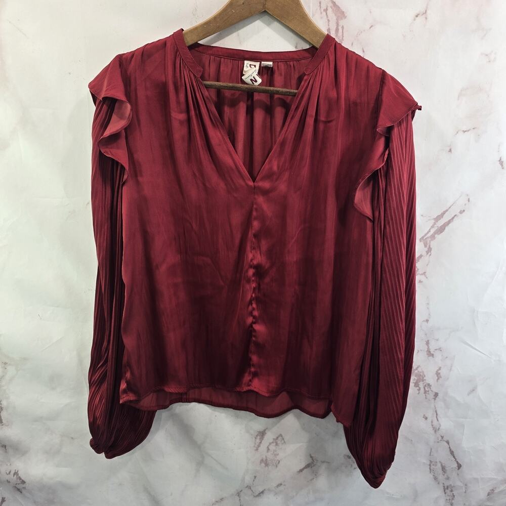Anthropologie Shirt Womens XS Red Blouse Satin Dolan Balloon Pleated Notch V